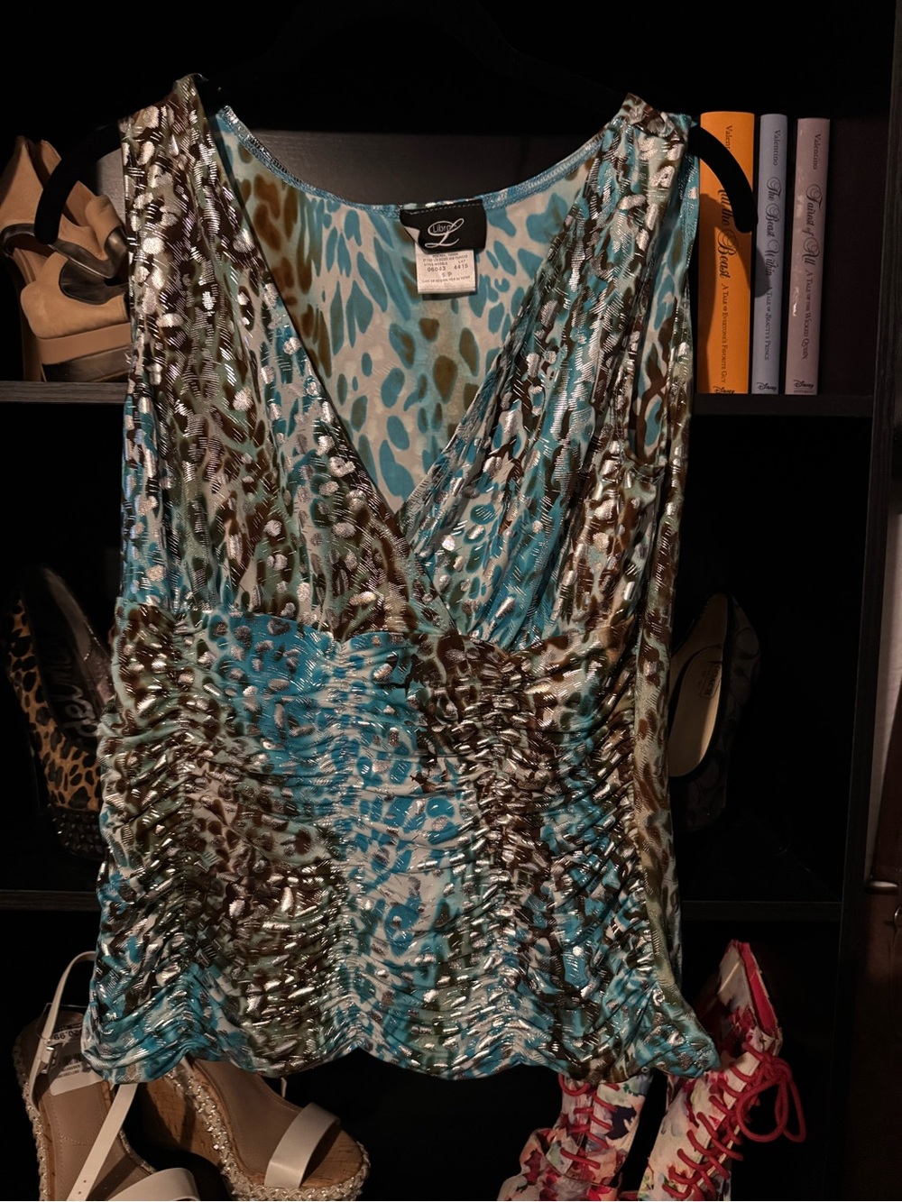 Ruched V-Neck Camisole in Teal Animal Print